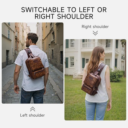 MOYYI EDC Crossbody Bag for Men Leather Sling Bag, Tactical Chest Bag with USB Charging Port, 7L Small Casual Daypacks for Travel