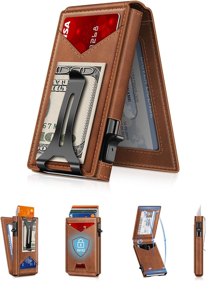 GHUKY Wallet for Men RFID Wallet with Money Clip, Slim Pop Up Card Holder for 10-12 Cards, Minimalist Smart Credit Card Case with ID Window, Bifold Metal Wallet for Front Pocket, Gifts for Men