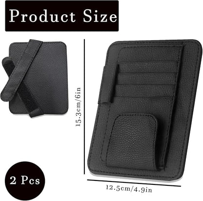 2 Pcs Car Sun Visor Organizer Premium Leather Sunglasses Holder Multi Functional Car Interior Accessories Storage Bag Visor Pouch for Cars Trucks Card Document Holder (Black)