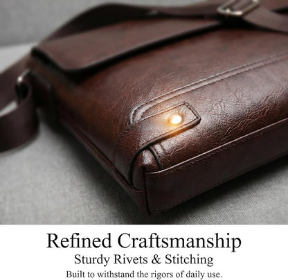 Vintage PU Leather Mens Messenger Bag - Slim Crossbody Shoulder Bag for Work, Travel & Daily Commute Casual Tablet Satchel