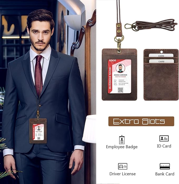 Boshiho Vertical Style Cowhide Leather ID Card Badge Holder with Heavy Duty Lanyard (Genuine Leather Dark Brown)