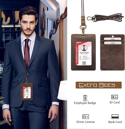 Boshiho Vertical Style Cowhide Leather ID Card Badge Holder with Heavy Duty Lanyard (Genuine Leather Dark Brown)