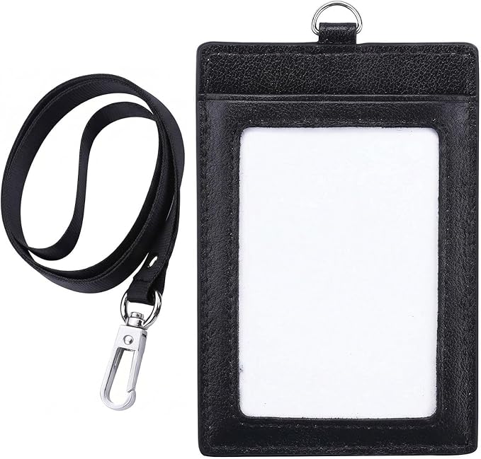 I-MART Genuine Leather Badge Holder with Lanyard – Vertical ID Badge Holder for Nurse, Office, Teacher | Cowhide, 3 Card Slots, Black, Gift Box