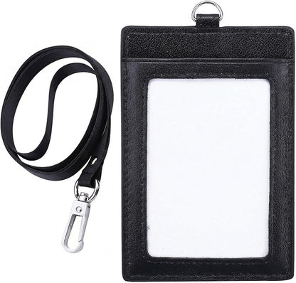 I-MART Genuine Leather Badge Holder with Lanyard – Vertical ID Badge Holder for Nurse, Office, Teacher | Cowhide, 3 Card Slots, Black, Gift Box