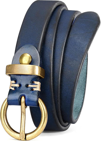 SANSTHS Womens Genuine Leather Belts for Jeans Pants Trendy Vintage Thin Leather Belt Gold Buckle Ladies Skinny Waist Belt