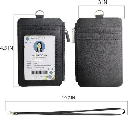 Black ID Badge Holder with Lanyard, Vertical PU Leather ID Badge Card Holder with 1 Clear ID Window, 4 Credit Card Slots and a Detachable Neck Lanyard for Office School Student