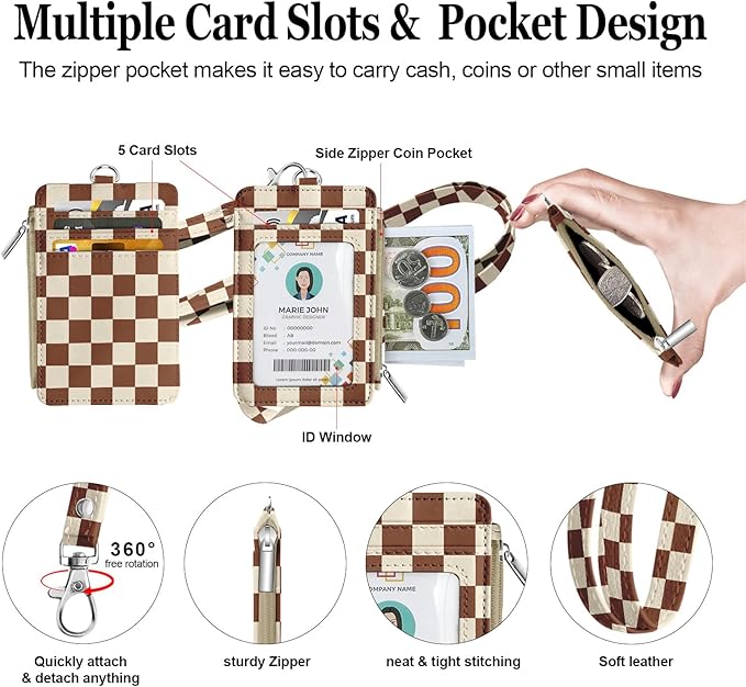 bolimoss Checkered Lanyard with Wallet, Badge Holder with Zipper Coin Pouch 5 Card Slots,Zip Id Case Wallet with Breakaway Lanyard for Cards, Cash, Key