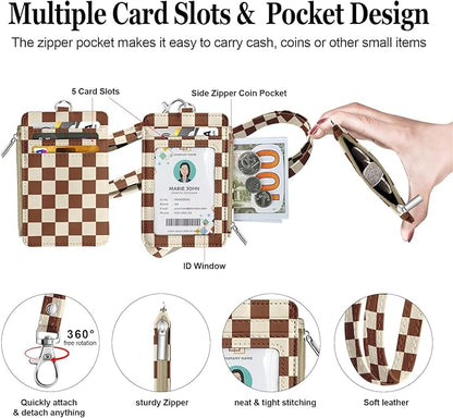 bolimoss Checkered Lanyard with Wallet, Badge Holder with Zipper Coin Pouch 5 Card Slots,Zip Id Case Wallet with Breakaway Lanyard for Cards, Cash, Key