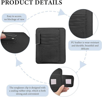 Small Leather Car Sun Visor Organizer, Auto Visor Pouch Card Sleeve Pocket with Sunglasses Clip, Multifunctional Sunvisor Wallet Holder for Driving License Pen Tickets (Black)
