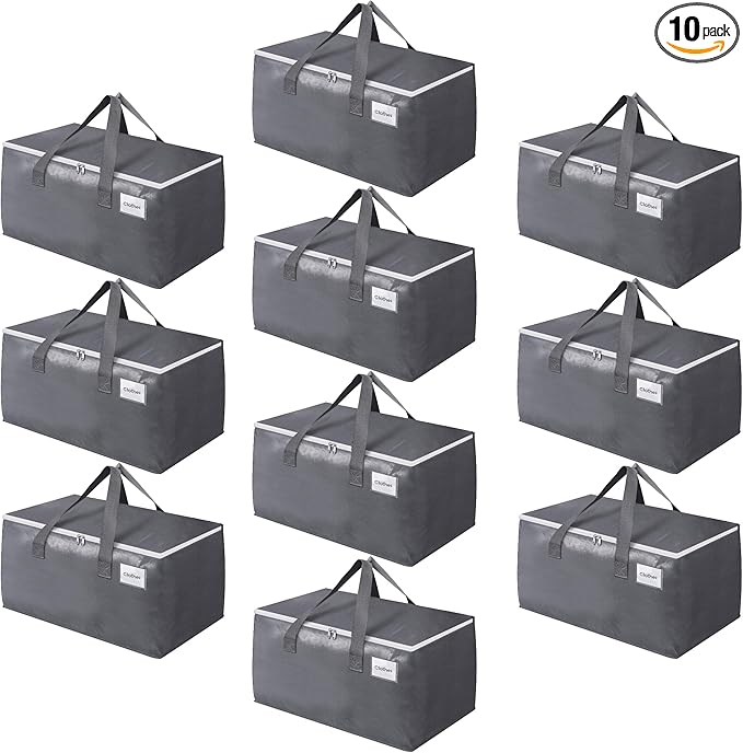 BlissTotes Large Moving Boxes and with Zippers & Handles Moving Supplies with lids, Heavy Duty Totes for Storage Bags for Space Saving, Fold Flat, Moving and Storing 76L, 10 Pack