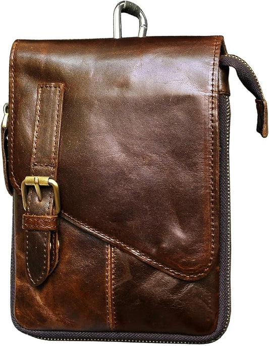 Le'aokuu Mens Genuine Leather Small Messenger Shoulder Satchel Phone Pouch Belt Waist Bag Pack
