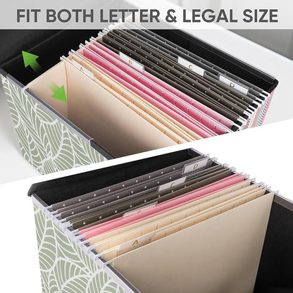 BALEINE File Organizer Box with Lid, Collapsible File Folder Organizer with Plastic Slide, Hanging File Folder Box for Office Document Storage (1 Pack, Antique Foliage)