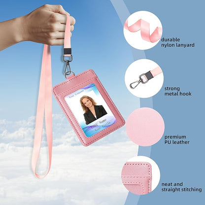 Leather Badge Holder with Adjustable Lanyards,Swivel Metal Clasp for Offices, Staff, Students, Employees (Pink)