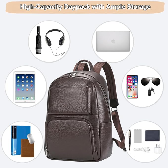 Genuine Leather 15.6 Inch Laptop Backpack for Men, Multi Pocket Casual Daypack Shoulder Bag for Business Travel Outdoor, Coffee