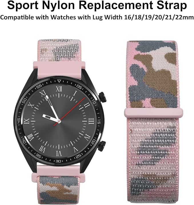 WOCCI 18mm Adjustable Nylon Watch Band, Quick Release Sport Loop Strap (Pink Camo)