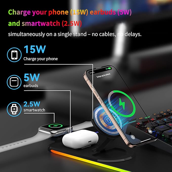 15W Wireless Charging Mouse Pad - Large RGB Gaming Desk Mat (31.4"x12"), Waterproof Leather Mousepad with Phone Holder, Includes PD Adapter & USB-C Cable - for Office & Home, Black