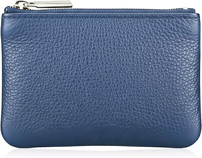Hibate Blue Small Leather Coin Purse Change Pouch for Women Men Kids with Zip Key Ring