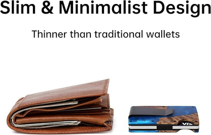 Slim Wallet for Men,RFID Blocking Minimalist Metal Wallet, Money Clip/Cash Holder, Front Pocket Aluminum Credit Card Holder, Ideal Gift for Men,Resin Dark Blue Wood
