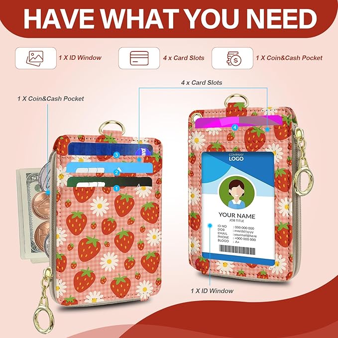 Lanyard Wallet Women, Id Badge Holder with Neck & Wristlet Lanyard, Cute Zipper Id Card Holder with Adjustable Lanyard, Id Badge with RFID Keychain Wallet for Women Office Gift - Strawberry
