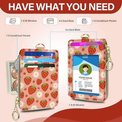 Lanyard Wallet Women, Id Badge Holder with Neck & Wristlet Lanyard, Cute Zipper Id Card Holder with Adjustable Lanyard, Id Badge with RFID Keychain Wallet for Women Office Gift - Strawberry