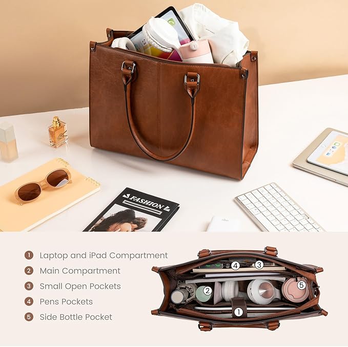 LOVEVOOK Laptop Tote Bag for Women, 17.3 Inch Large Capacity Vintage Leather Work Computer Bag, Business Casual Shoulder Handbag, Dark Brown
