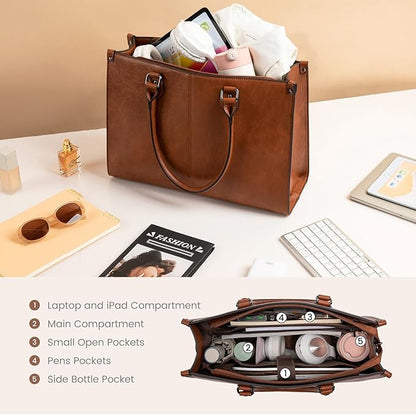 LOVEVOOK Laptop Tote Bag for Women, 17.3 Inch Large Capacity Vintage Leather Work Computer Bag, Business Casual Shoulder Handbag, Dark Brown