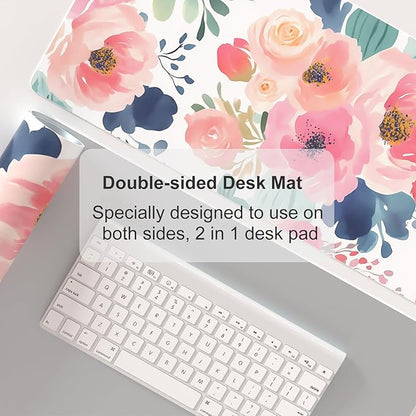 Colorful Star Large Mouse Pad, Pink Floral Desk Mat for Desktop, Women Girls PU Leather Waterproof Gaming Mousepad, Computer PC Laptop Protector Flowers Desk Pads for School Office Home 31.5" x 11.8"