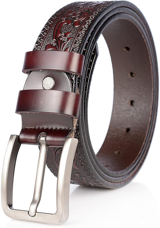 Men's Casual Genuine Leather Jeans Belts Vintage Leather Engraved Strap with Single Prong Buckle