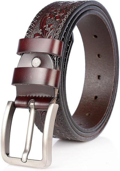 Men's Casual Genuine Leather Jeans Belts Vintage Leather Engraved Strap with Single Prong Buckle