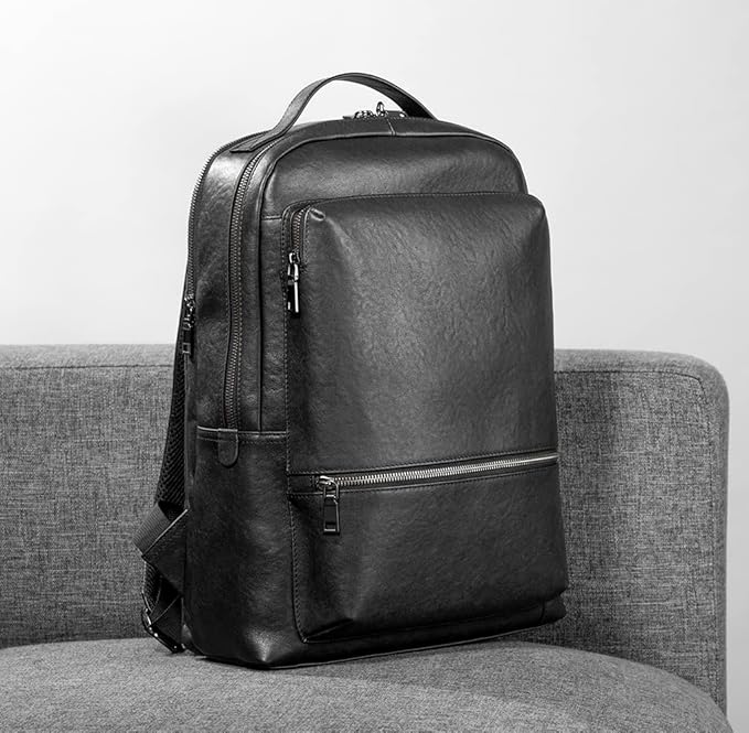 15.6 Inch Genuine Leather Laptop Backpack for Men Women, Business Travel Backpack Hiking Rucksack Daypack (2#Black)