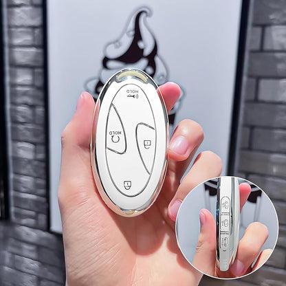 Montague Key Fob Cover for Hyundai with Keychain, Soft TPU Key Case Shell for Hyundai Sonata, Santa Fe, Tucson, KONA, Grandeur, Ioniq 6 Smart Key Protector (7 Buttons, White)
