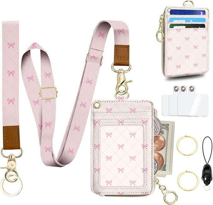 Pink Bow Lanyard Wallet with ID Badge Holder Watercolour PU Leather ID Badge Holder with Keychain Phone Lanyard Wrist Strap, RFID Blocking for Office School Business Women