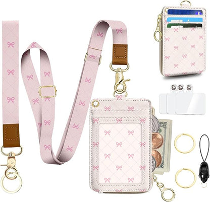 Pink Bow Lanyard Wallet with ID Badge Holder Watercolour PU Leather ID Badge Holder with Keychain Phone Lanyard Wrist Strap, RFID Blocking for Office School Business Women