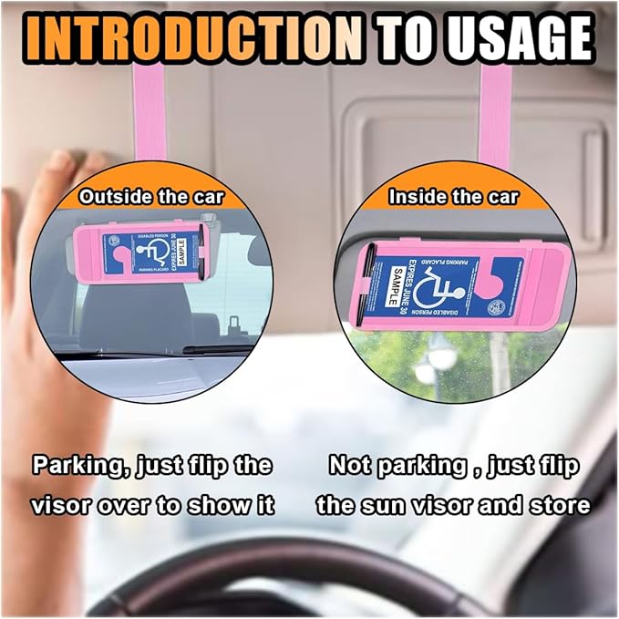 JOYCOURT Handicap Placard Holder for Car, Disabled Parking Permit Sign Protector, Car Interior Sun Visor Storage Clip with Pen Holder, Note Paper Slot, Elastic Strap (Pink)