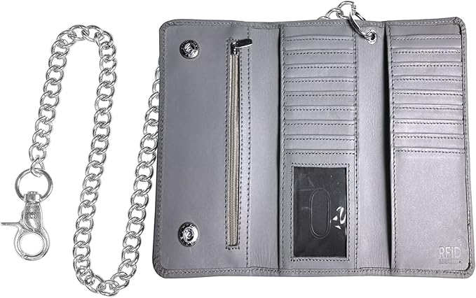 IBRO VINTAGE Motorcycle Chain Wallet for Men – Premium Cowhide Leather, RFID Tri-Fold Biker Wallet with Heavy Duty Chain for Bikers Truckers & Hunters, Credit Card Money Organizer Long Wallet | Long Trifold, RFID Blocking, Men's, Trucker Biker
