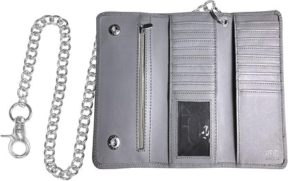 IBRO VINTAGE Motorcycle Chain Wallet for Men – Premium Cowhide Leather, RFID Tri-Fold Biker Wallet with Heavy Duty Chain for Bikers Truckers & Hunters, Credit Card Money Organizer Long Wallet | Long Trifold, RFID Blocking, Men's, Trucker Biker
