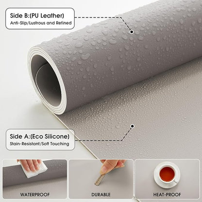 Leather Desk Pad Protector 31.5x15.7inch Vanity Mat Non-Slip Large Gaming Mouse Pad Waterproof Desk Writing Pad Desk Blotter Laptop and Keyboard Mat for Office and Home(Grey)