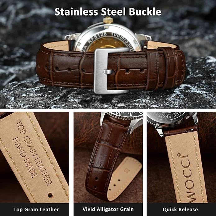 WOCCI Watch Bands, Top Grain Leather, Embossed Alligator Grain, Quick Release, Band Width 18mm 20mm 22mm