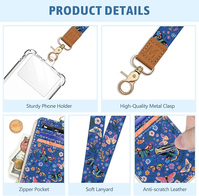 Flowers Butterfly Lanyard Wallet with ID Badge Holder, Small RFID Wallet Women Keychain Wristlet, Slim Credit Card Holder Case with Zipper Pocket Phone Lanyard Wrist Strap Name Tag Office Teacher Gift