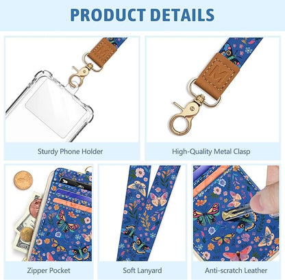 Flowers Butterfly Lanyard Wallet with ID Badge Holder, Small RFID Wallet Women Keychain Wristlet, Slim Credit Card Holder Case with Zipper Pocket Phone Lanyard Wrist Strap Name Tag Office Teacher Gift