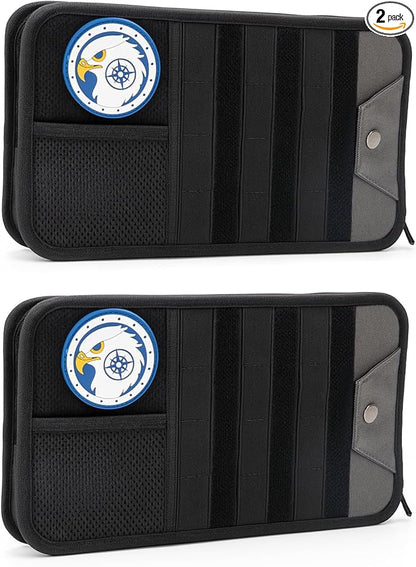 Car Sun Visor Organizer, Heavy Duty Molle Panel with Double Zipper Multi-Pockets & Glasses Clip, Tactical Storage Pouch for Cars, SUVs, Trucks (2 Pack)
