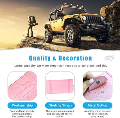 Augeny Car Sun Visor Organizer, Leather Personal Belonging Storage Pouch with Zipper, Car Visor Storage Pouch Sunglasses Holder, Auto Interior Accessories Pocket Organizers (Pink)