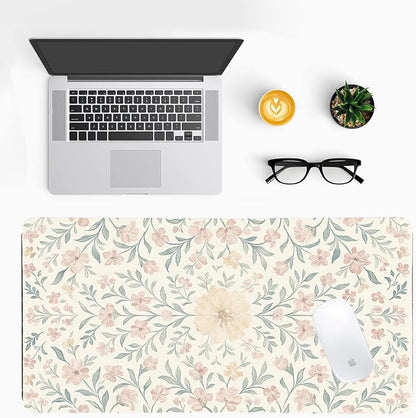 Soft Aesthetic Pastel Floral Desk Mat, Gentle PU Leather Desk Pad - Large Non-Slip Office Mat for a Calm & Stylish Gaming & Home Workspace（27.56 * 13.78in）