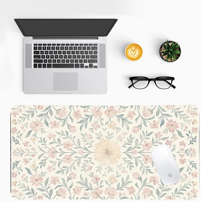 Soft Aesthetic Pastel Floral Desk Mat, Gentle PU Leather Desk Pad - Large Non-Slip Office Mat for a Calm & Stylish Gaming & Home Workspace（31.5 * 15.75in）