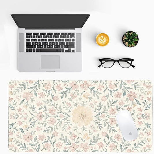 Soft Aesthetic Pastel Floral Desk Mat, Gentle PU Leather Desk Pad - Large Non-Slip Office Mat for a Calm & Stylish Gaming & Home Workspace（31.5 * 15.75in）