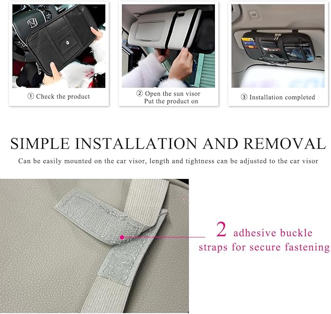 DXNQ Car Sun Visor Organizer, Double Zipper Leather Visor Storage Pouch with Multi-Pocket, Sunglass Holder Storage Pocket with Elastic Band for Cars SUVs Trucks, Car Accessories (Gray)