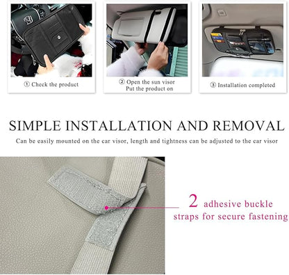 DXNQ Car Sun Visor Organizer, Double Zipper Leather Visor Storage Pouch with Multi-Pocket, Sunglass Holder Storage Pocket with Elastic Band for Cars SUVs Trucks, Car Accessories (Gray)