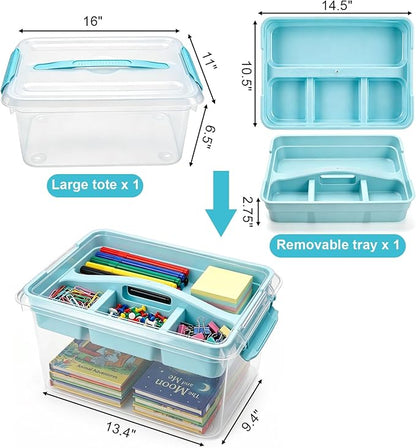 Yesland Stack & Carry Box with Removable Tray, 16 x 11 x 6.5 Inch Plastic Art Supply Storage Organizer Craft Storage Containers with Handle, Portable Organizer Bin for Stationery Sewing Jewelry, Blue