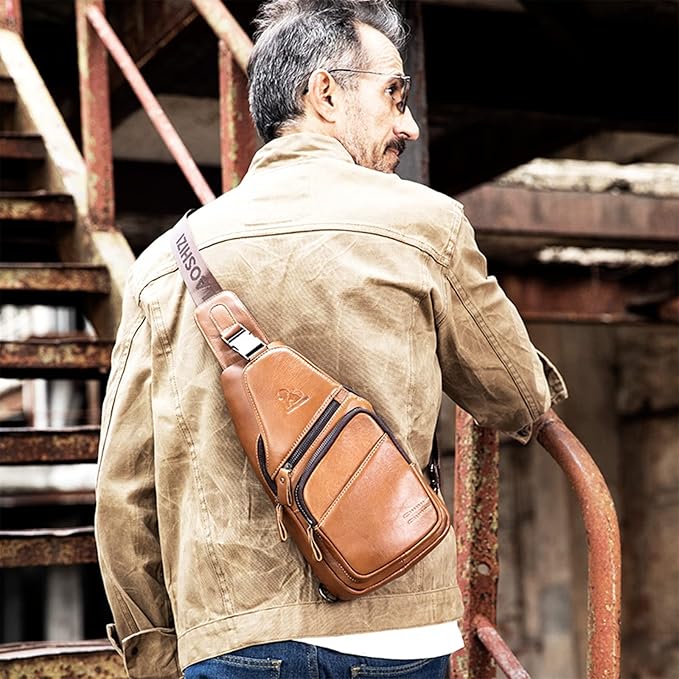 Pundarika Leather Sling Bag for Men - Crossbody Shoulder & Chest Bag; Multifunctional Travel & Hiking Backpack - Black