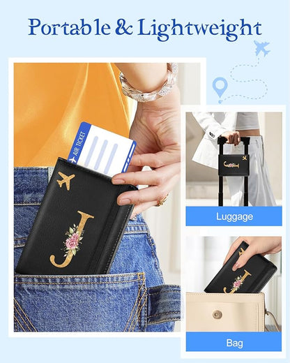 Slohif Initial Passport Holder Cover Wallet Case for Travel Women - Leather Letter Passport Book Family Multiple Personalized Organizer Card Slots Protector Sleeve Essentials Slim Carrier J Black